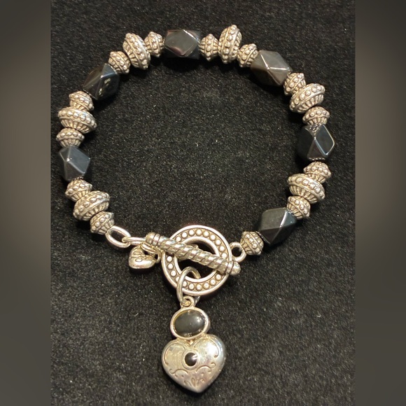 Brighton Silver-Tone and Black Beaded Heart Charm Bracelet - Picture 4 of 13